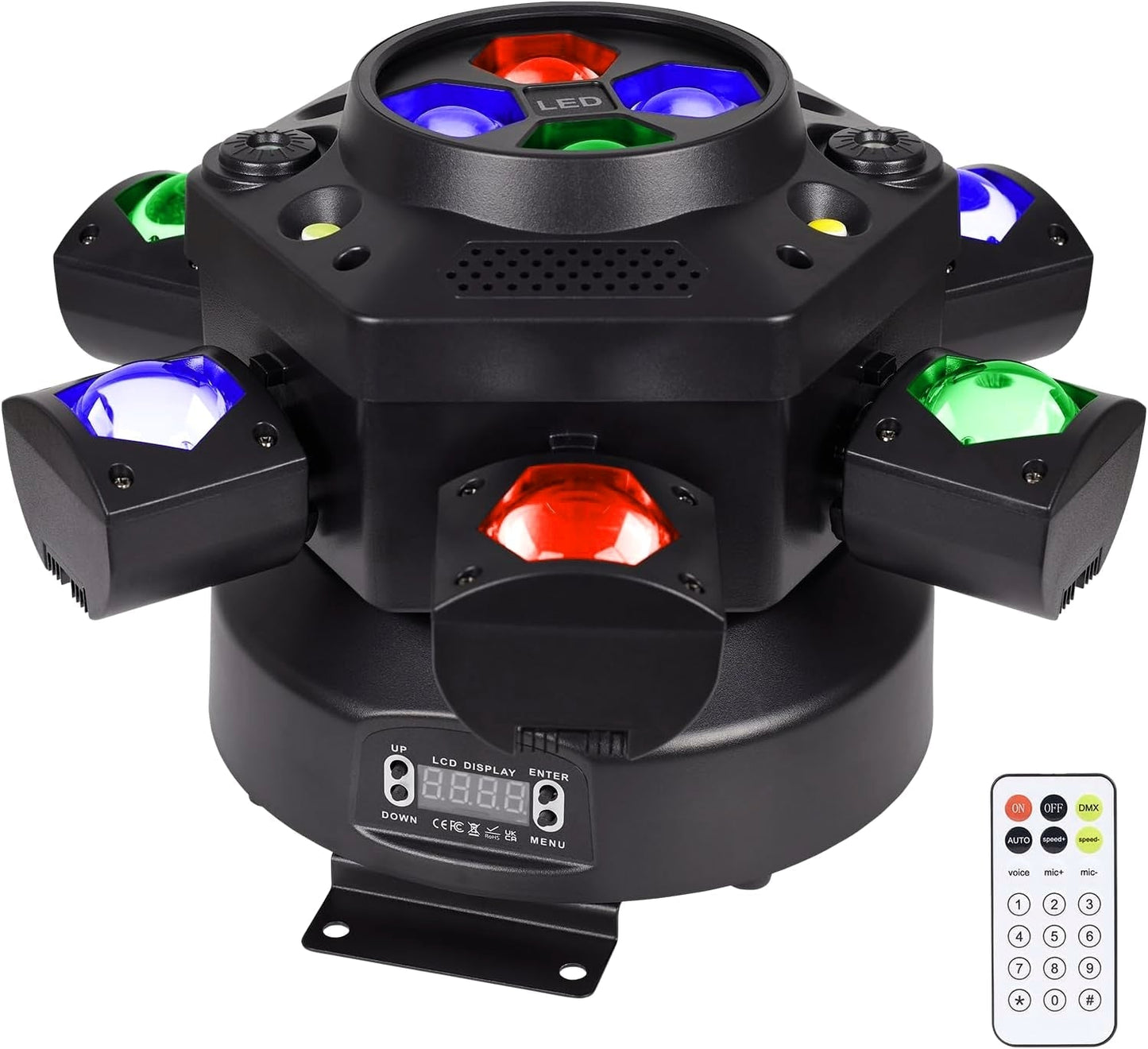 150W RGBW 4-in-1 Moving Head DJ Light with 6 Arms, Remote Control, DMX512, Sound-Activated Rotating Stage Light for Wedding, Club, KTV, Bar, and Party