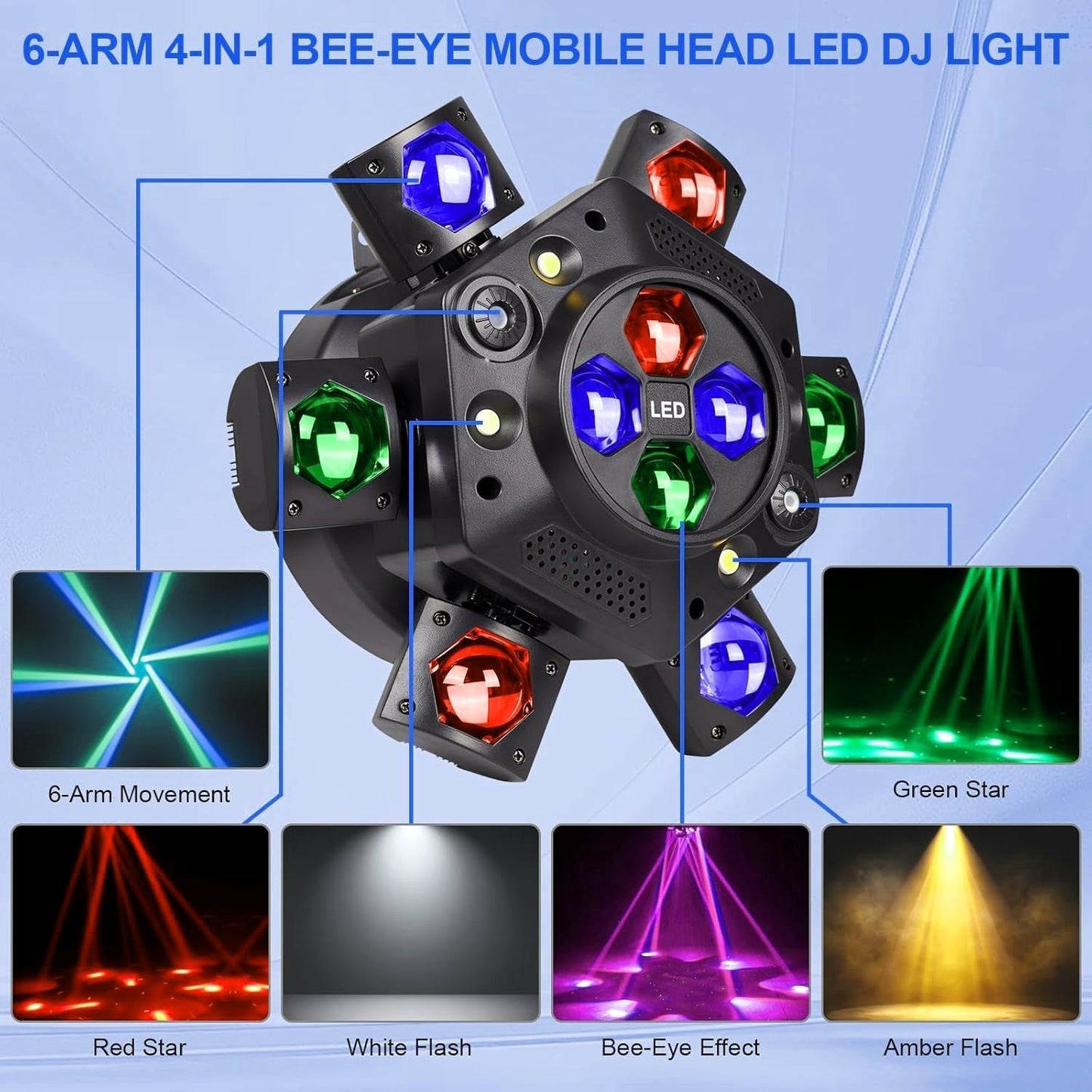 150W RGBW 4-in-1 Moving Head DJ Light with 6 Arms, Remote Control, DMX512, Sound-Activated Rotating Stage Light for Wedding, Club, KTV, Bar, and Party